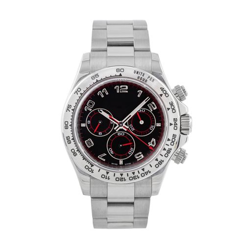 A closeup shot of a modern wristwatch on a white background