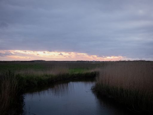 A narrow creek through dry grassy field under a dark cloudy sunset sky