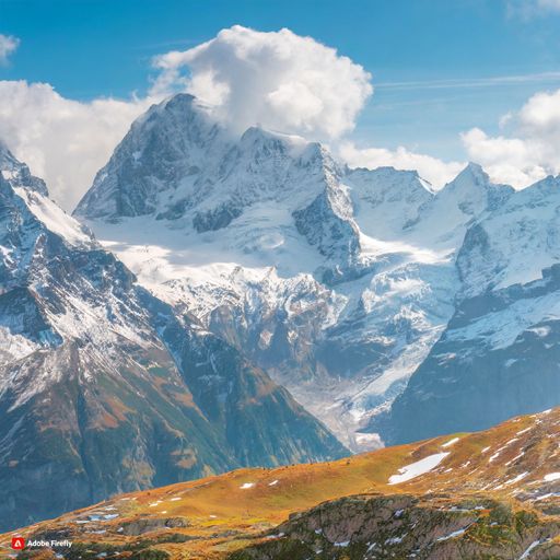 A grassy landscape with a majestic mountain range in the background, blanketed with a layer of snow