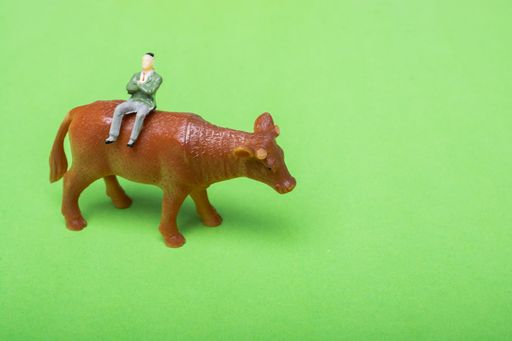 A closeup shot of a person figurine sitting on a toy cow on a green surface