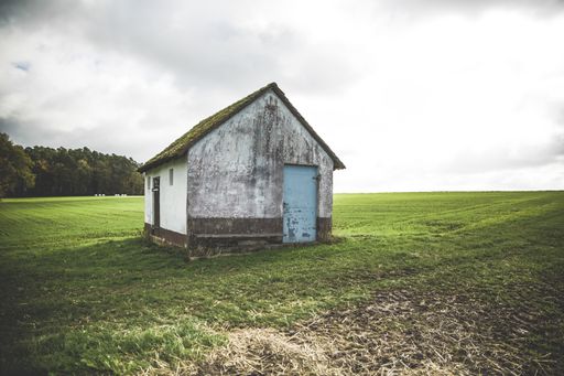A beautiful building with a mossy roof isolated in a green field under a gloomy sky
