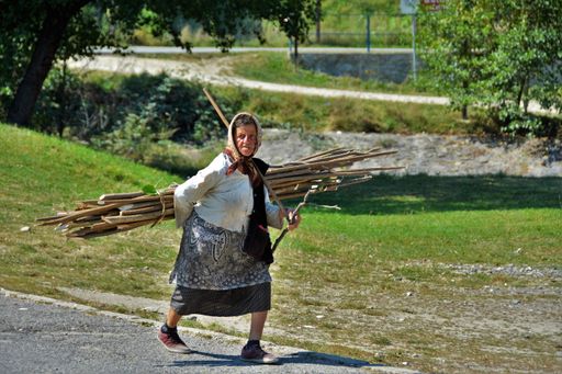 an old woman carrying branches in a village in Romania