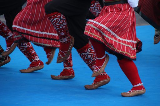 A Group of Serbian folk dancers in an outdoor festival.