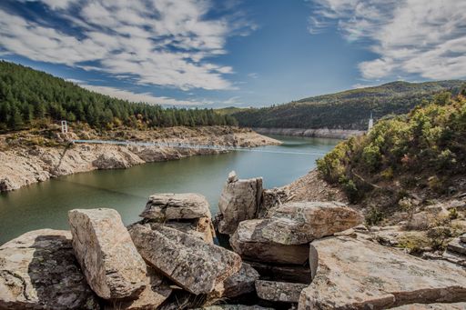 A closeup shot of the Rodophes mountains covered in trees and a river in Bulgaria