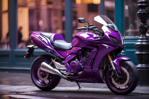 A vibrant purple motorbike is parked in front of a modern brick building