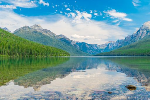 An idyllic landscape of Bowman Lake in Glacier National Park, Montana