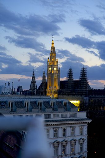 A vertical shot of lighted Rathaus City Hall in Vienna, Austria under a cloudy sky
