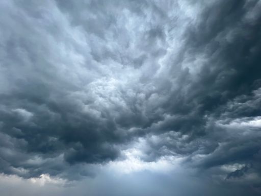 An ominous sky of dark clouds is seen rolling in over an expansive grassy plain, creating a dramatic atmosphere
