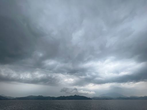 An ominous sky of dark clouds is seen rolling in over an expansive grassy plain, creating a dramatic atmosphere