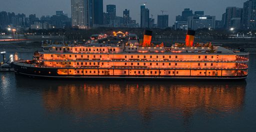 A large cruise ship moored in the harbor. Wuhan, China