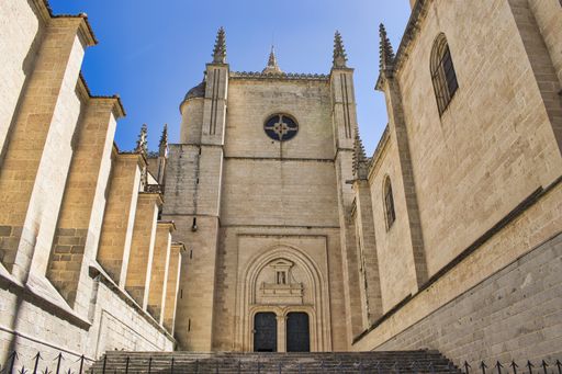 A closeup shot of the tower and door to the Cathedral of Segovia of 16th century in Spain