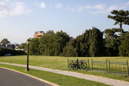 A row of bicycles is parked in the grass next to a white picket fence in a park setting