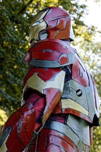 A male cosplayer dressed as Iron Man from the Marvel comics movie franchise