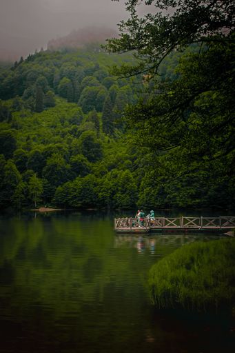 A group of people standing on a rustic wooden bridge, looking out over a tranquil river below