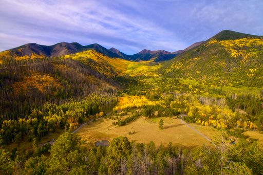 A scenic view of a mountain range covered with vibrant autumn woods. Lockett Meadow, Arizona
