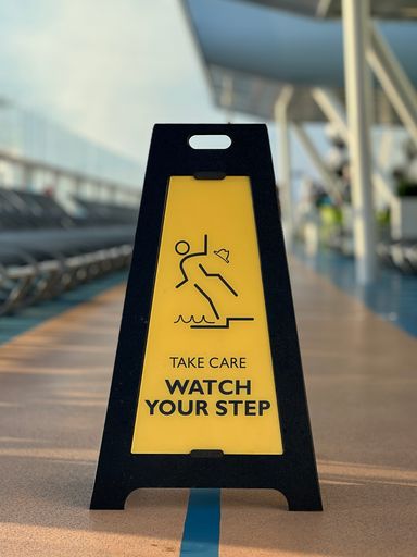 A vibrant yellow and black warning sign with the phrase Caution - WATCH YOUR STEP printed in bold black text against a bright yellow backdrop