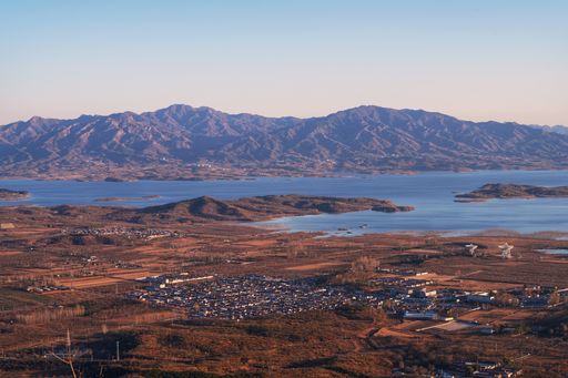 An aerial view of a small town on the lakeside su near Beijing, China