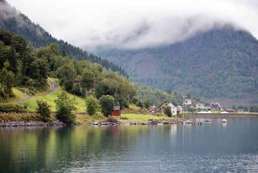 A closeup shot of a landscape with lake and mountains in Fjaerland in Norway