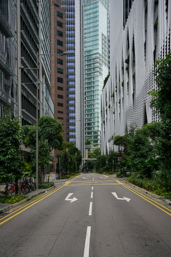 A city skyline featuring Empty Central business district road, Singapore