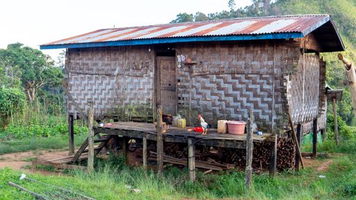 A village house made from bamboo and interwoven palm leaves in a rural area of Myanmar