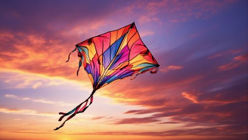 A vivid kite cuts a striking figure against the fiery canvas of the sunset, its colors echoing the sky's evening glory