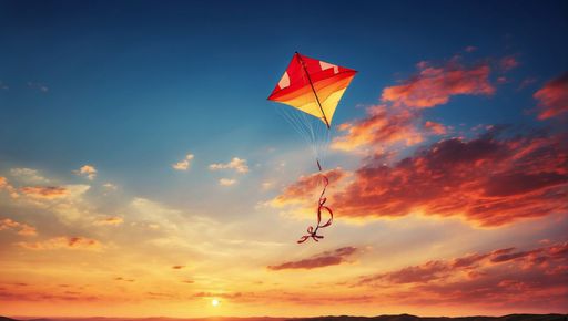A lone kite dances against a canvas of sunset skies, its vibrant hues mirroring the twilight's fiery palette