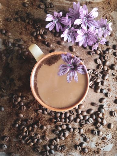 A vertical shot of delicious chicory coffee in a cup surrounded by coffee beans and chicory flowers