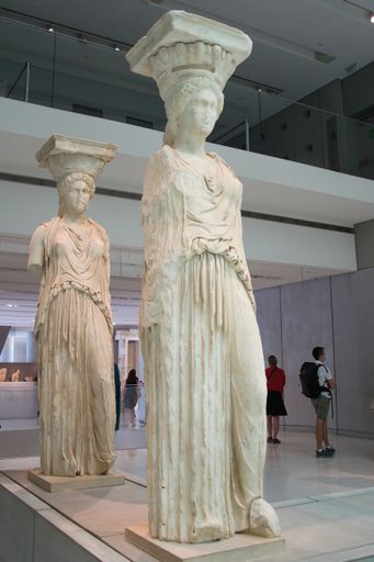 The Caryatids, statues of beautiful girls of the 5th century BC. .Originally, six of them held the roof of Erechtheion. Athens, Greece 5-18-2021
