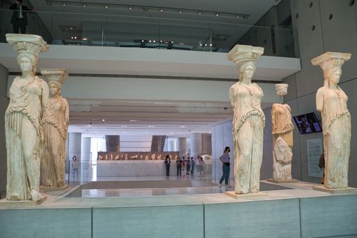 The Caryatids, statues of beautiful girls of the 5th century BC. .Originally, six of them held the roof of Erechtheion. Athens, Greece 5-18-2021