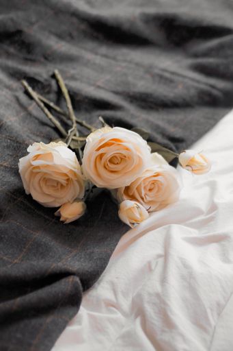 A vertical closeup of a bouquet of white roses on the bed
