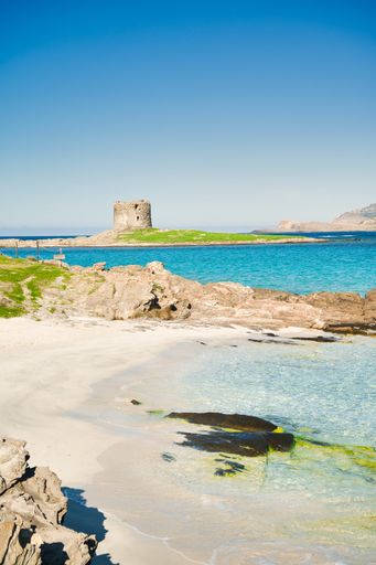 Sardinia, view of La Pelosa beach in Stintino, with its turquoise sea and the Aragonese tower in the background.