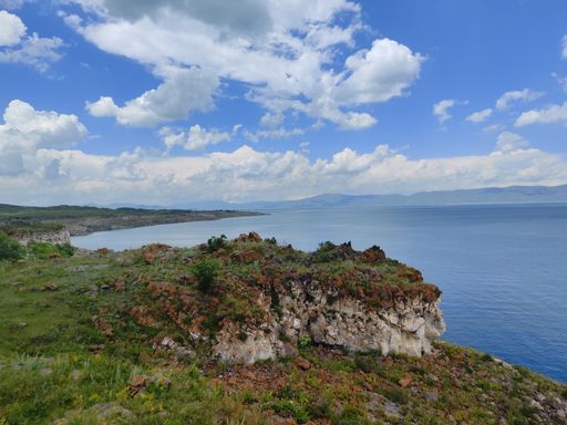 A scenic view of Sevan Lake in Armenia in July