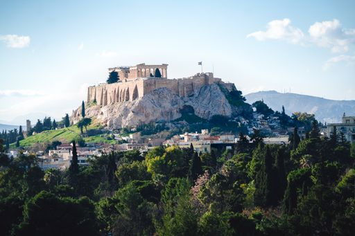 A beautiful shot of a forest with the Acropolis on the back in Greece under a clear sky