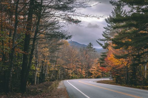 A scenic road leading through the foothills of New Hampshire, surrounded by vibrant red, orange, and yellow fall foliage on a cloudy, overcast day