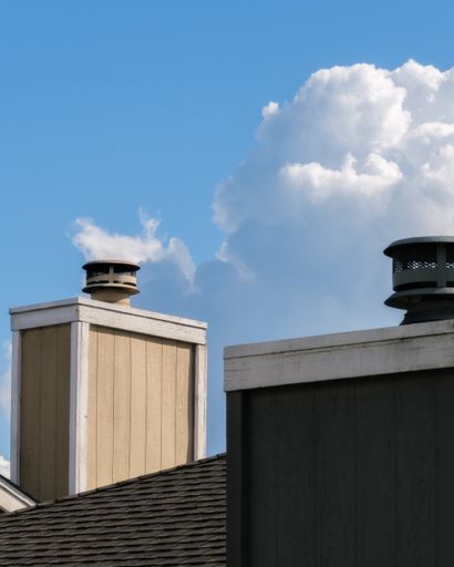 A vertical shot of chimneys on a tile roof under a bright blue sky with big cumulus clouds