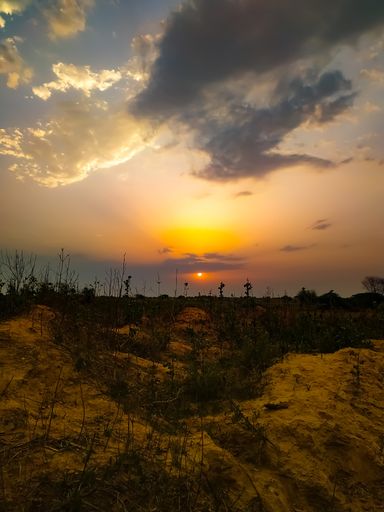 A vertical shot of a rural landscape during a scenic sunset