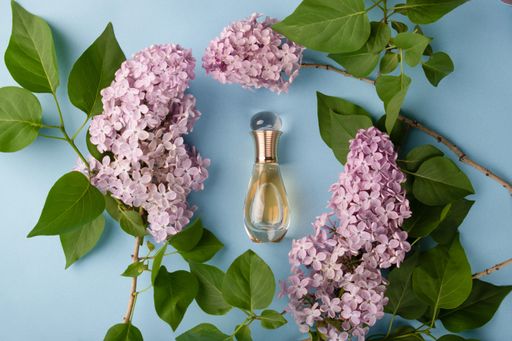 Dior perfume on the light blue background with flowers and leaves. Beautiful design and feminine fragrance for women.