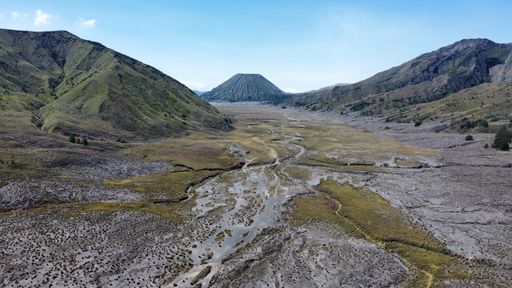 Aerial view of Mount Bromo, an active somma volcano and part of the Tengger mountains, in East Java, Indonesia