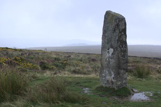 The "Laughtor Man" standing stone captured in Dartmoor national park, Devon, England