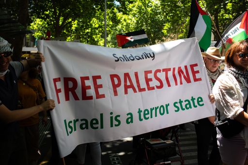 A crowd of pro-Palestinian demonstrators in the streets of Melbourne at a Free Palestine rally