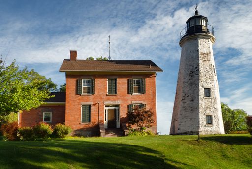 View of the Charlotte-Genesee Lighthouse, built in 1822, in Charlotte, a suburb of Rochester, near the shores of Lake Ontario and still in use