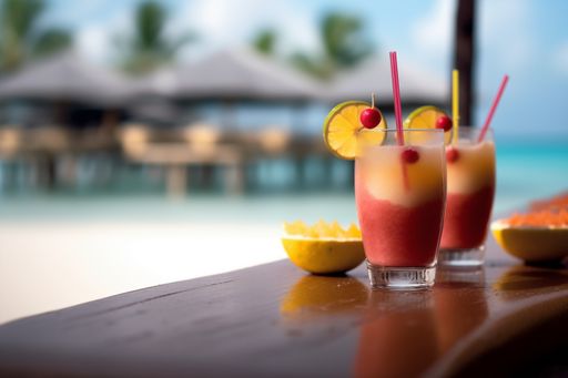 A selection of drinks are displayed on a table in an outdoor restaurantl