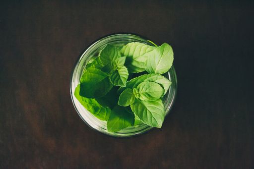 A top view of mint leaves in a jar