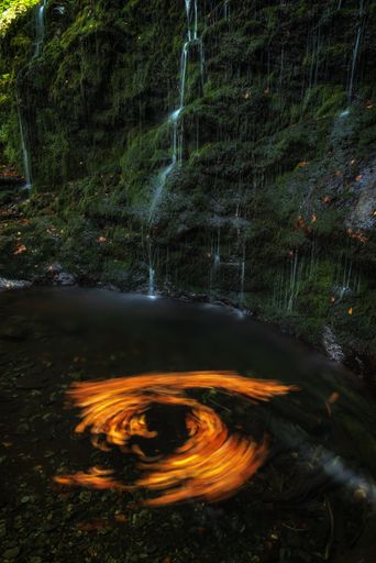A vertical shot of an autumnal scenery of a whirlpool of leaves in the river with a small waterfall in the background