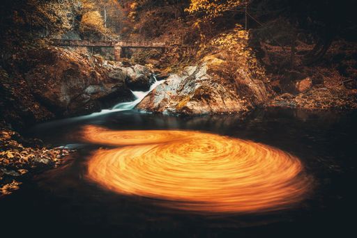 An autumnal scenery of a whirlpool of leaves in the river with a small waterfall in the background