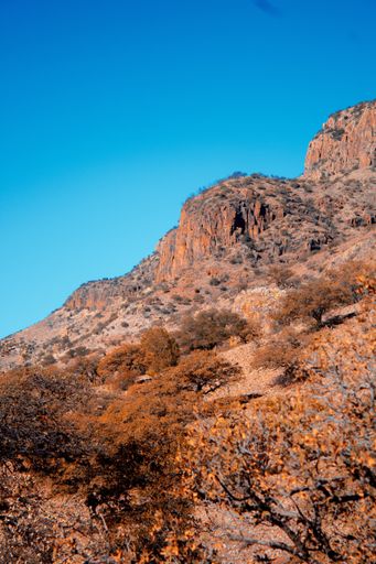 A vertical shot of dry hillsides with trees under a blue sky