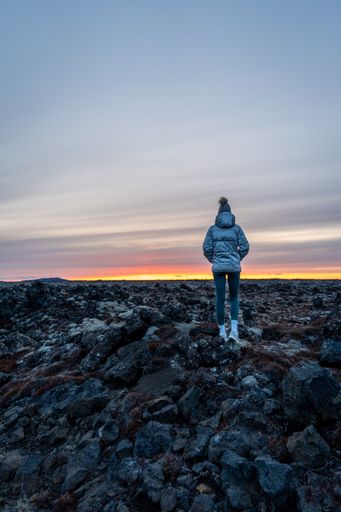 A silhouetted figure stands on a rocky outcrop in a grassy landscape, gazing out towards the horizon