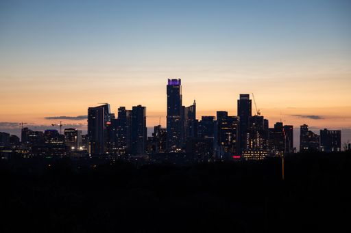 A scenic view of the city skyline of downtown Austin, Texas at sunset