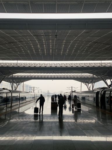 The people with suitcases walking on the train platform