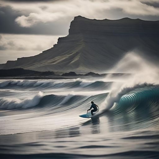A person in a wetsuit is surfing the waves on a beach with stormy skies in the background